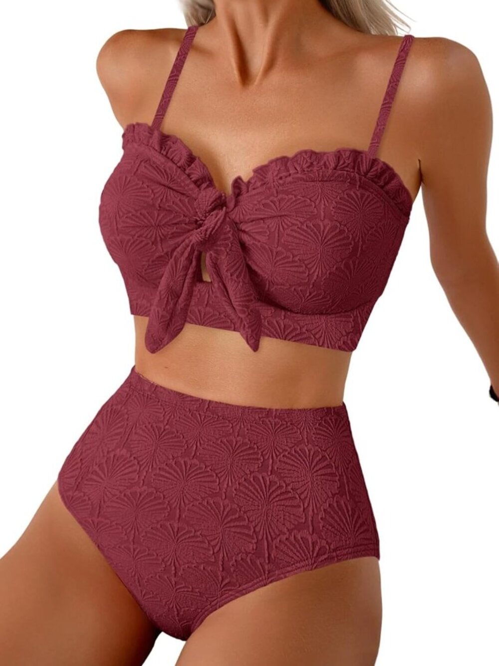 Seashell Textured Knotted Front Bikini Set - Ruffle Trim 2 Piece Swimsuit